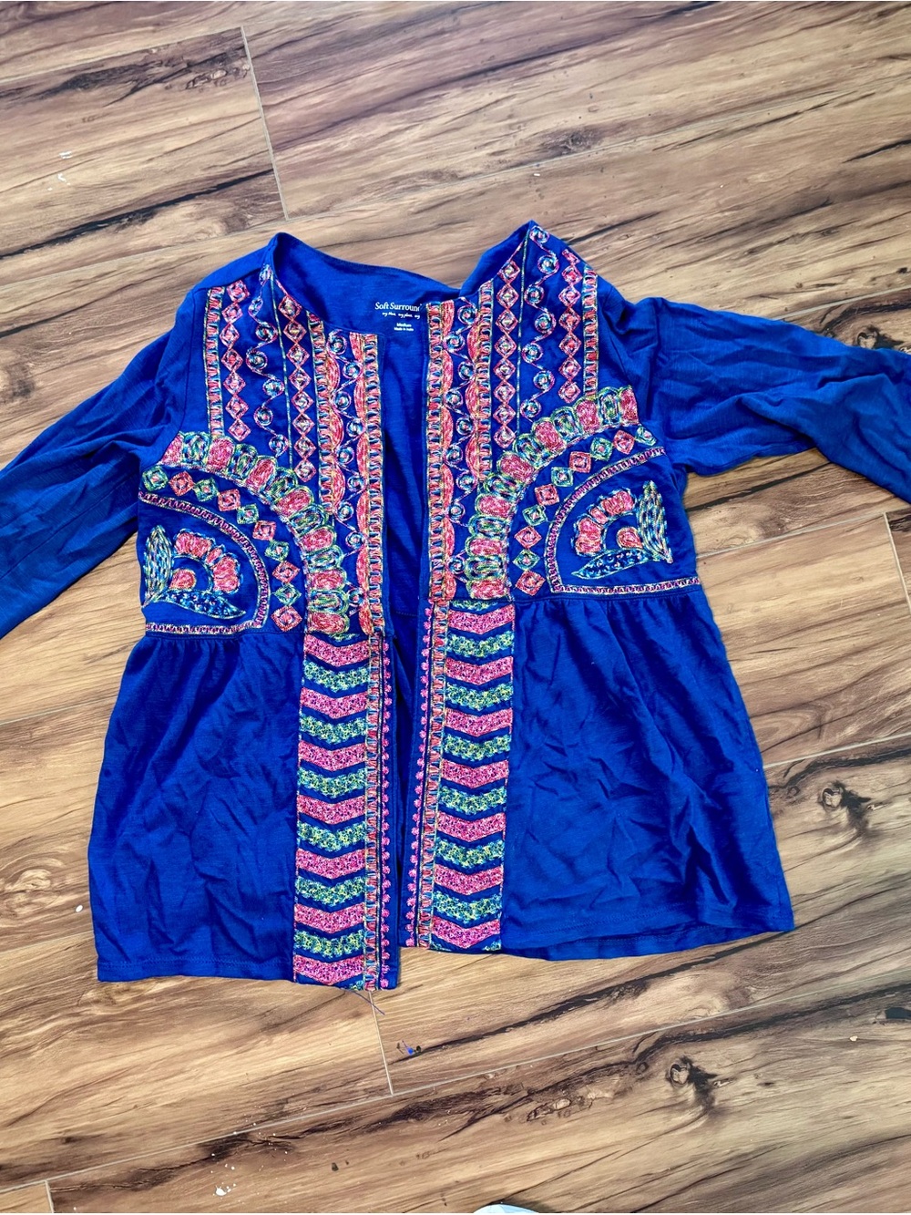 Soft Surroundings Cobalt Blue Embroidered Open Cardigan
